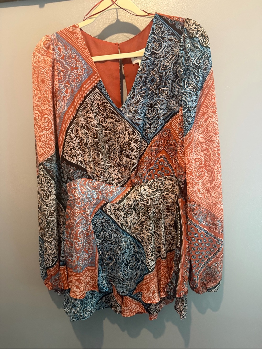 Paisley Wrap Romper in Rust and Blue